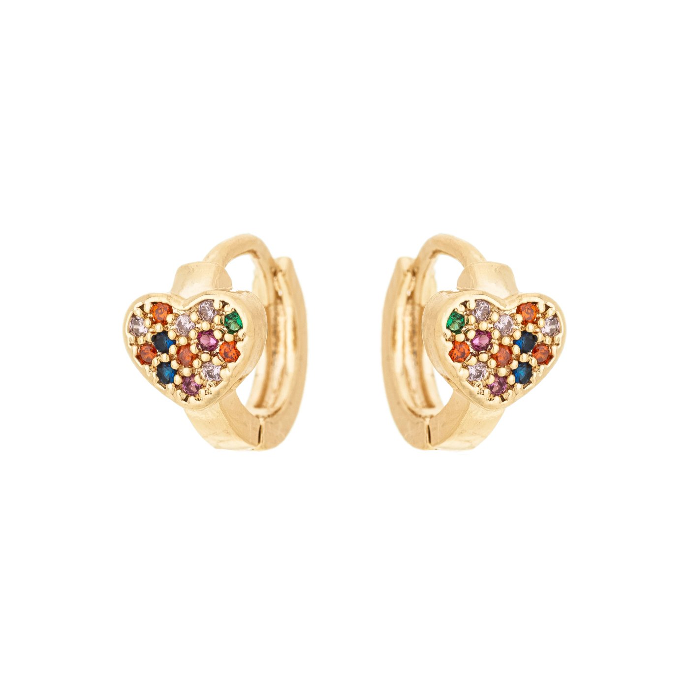 Argola articulada com coração de zircônias coloridas banhada a ouro 18k
