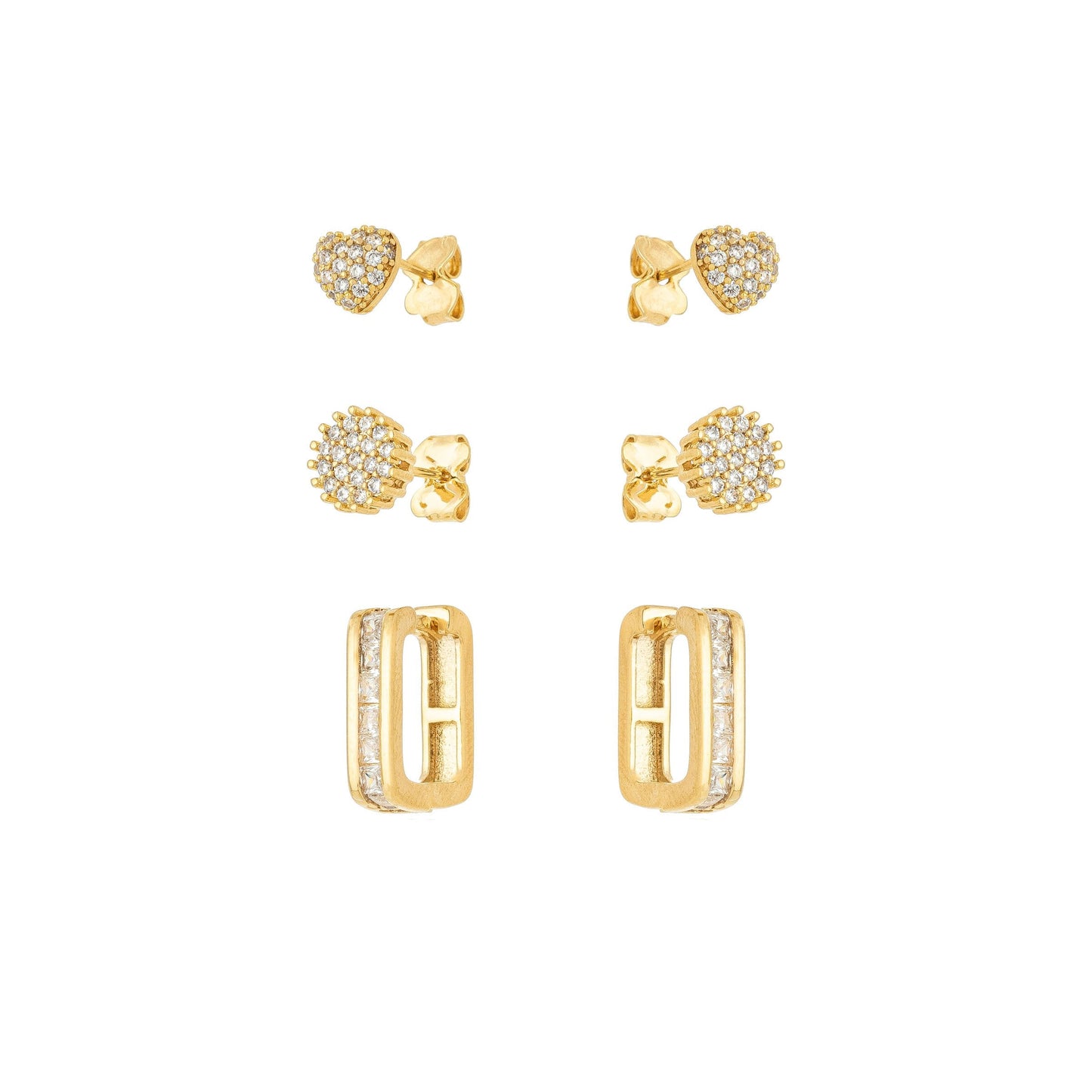 Trio de argola, coração e ponto de luz cravejado banhado a ouro 18k - Biju & Cia.