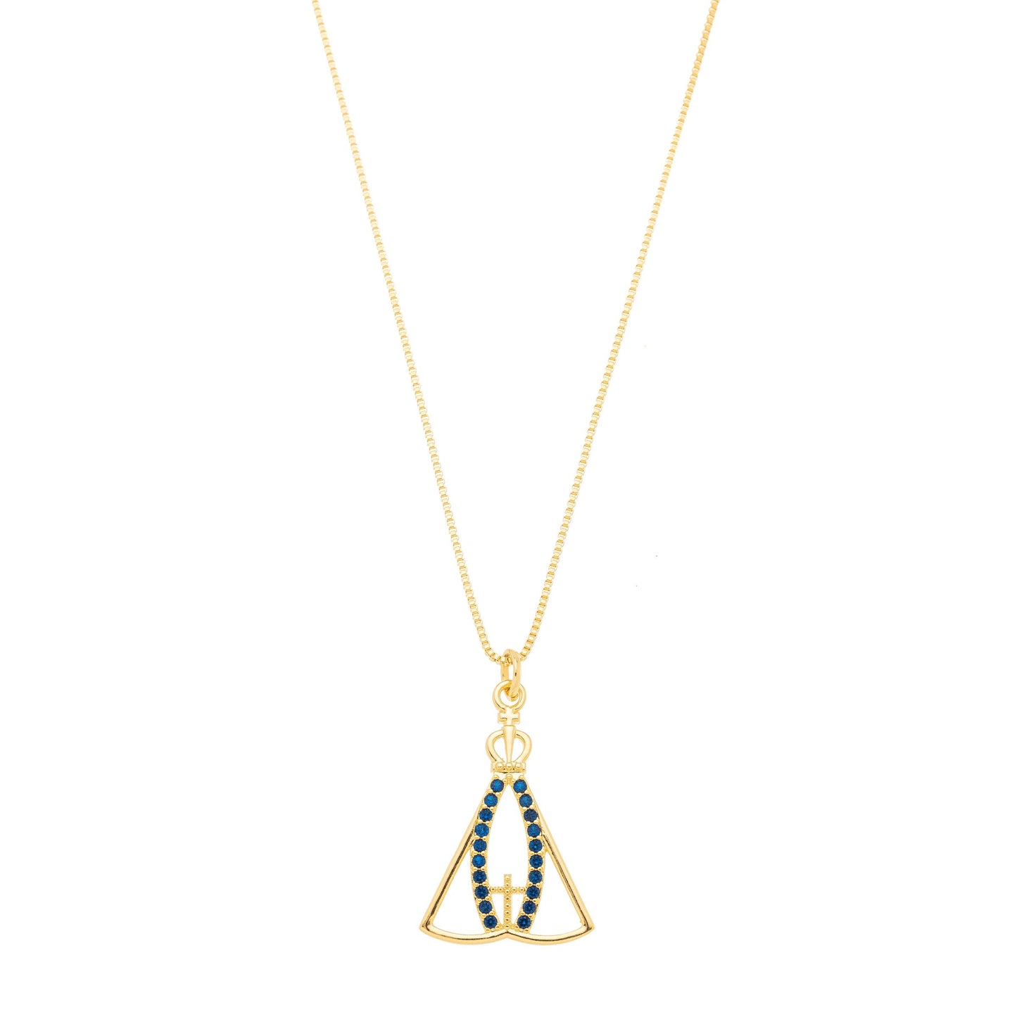 Gargantilha de Nossa Senhora de Aparecida com zircônias azuis banhada a ouro 18k - Biju & Cia.