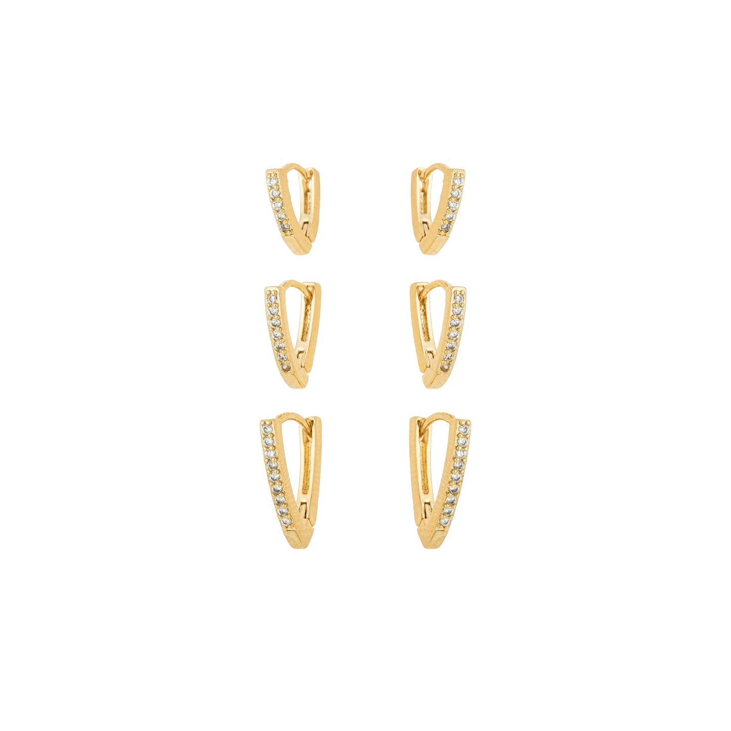 Trio de argolinhas triangulo com zircônias banhado a ouro 18k