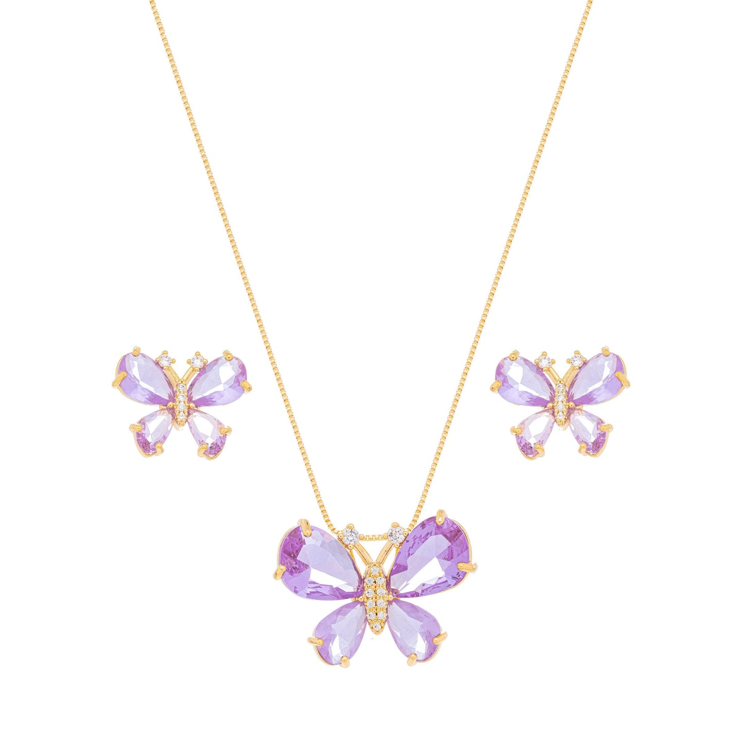 Conjunto borboleta com pedras e zircônia banhado a ouro 18k - Biju & Cia.