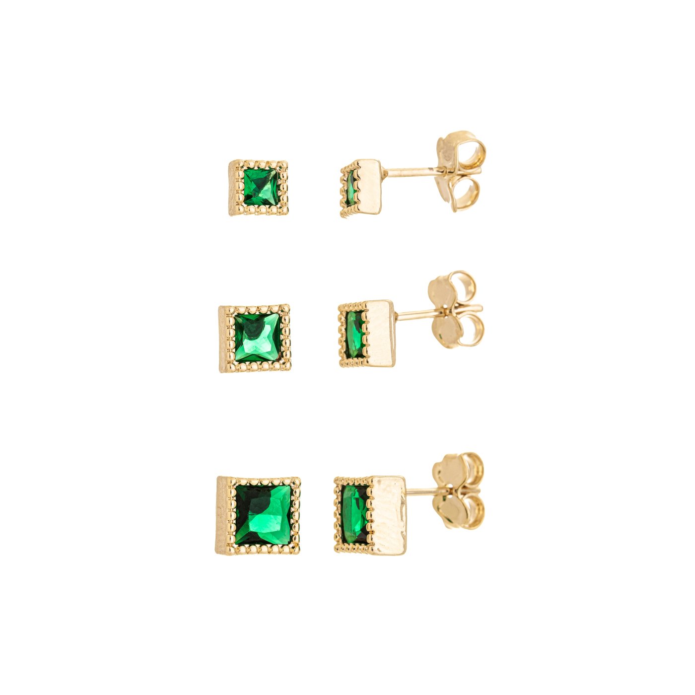 Trio de brincos quadrados banhado a ouro 18k