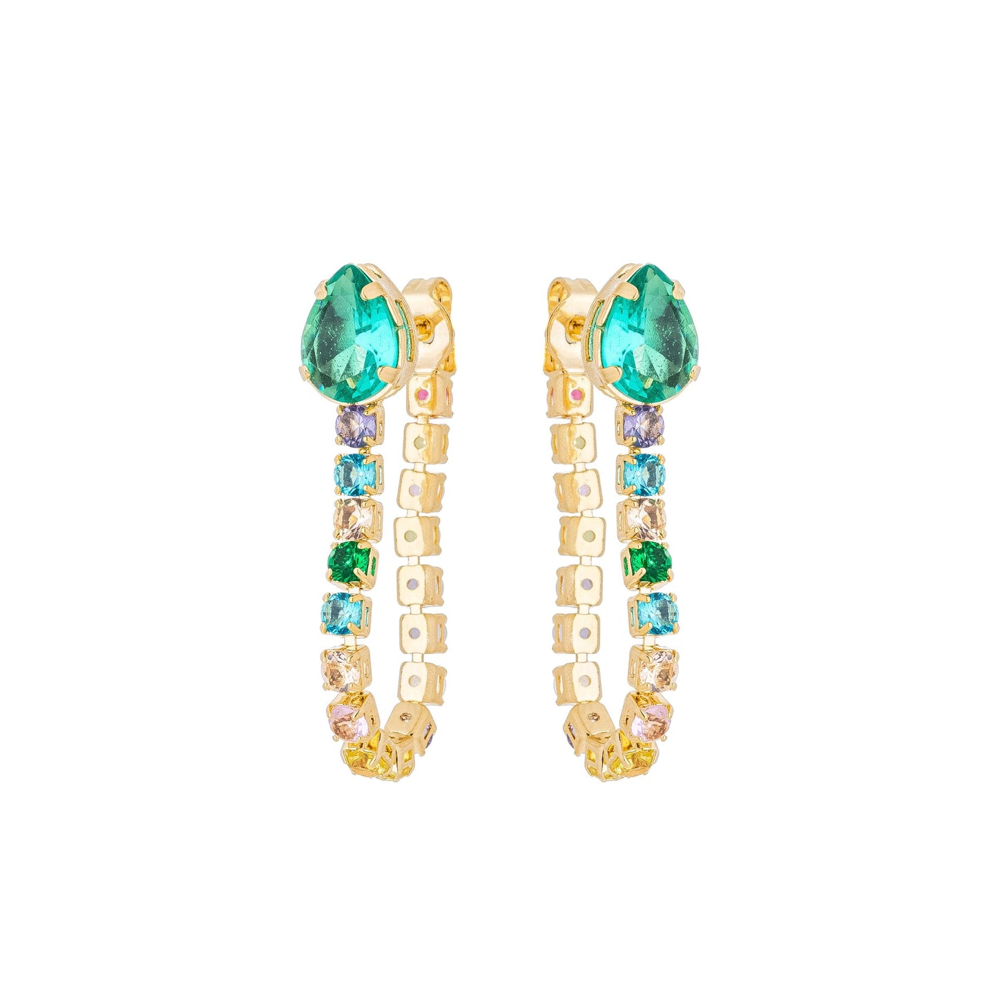 Brinco gota com riviera colorida banhado a ouro 18k - Biju & Cia.
