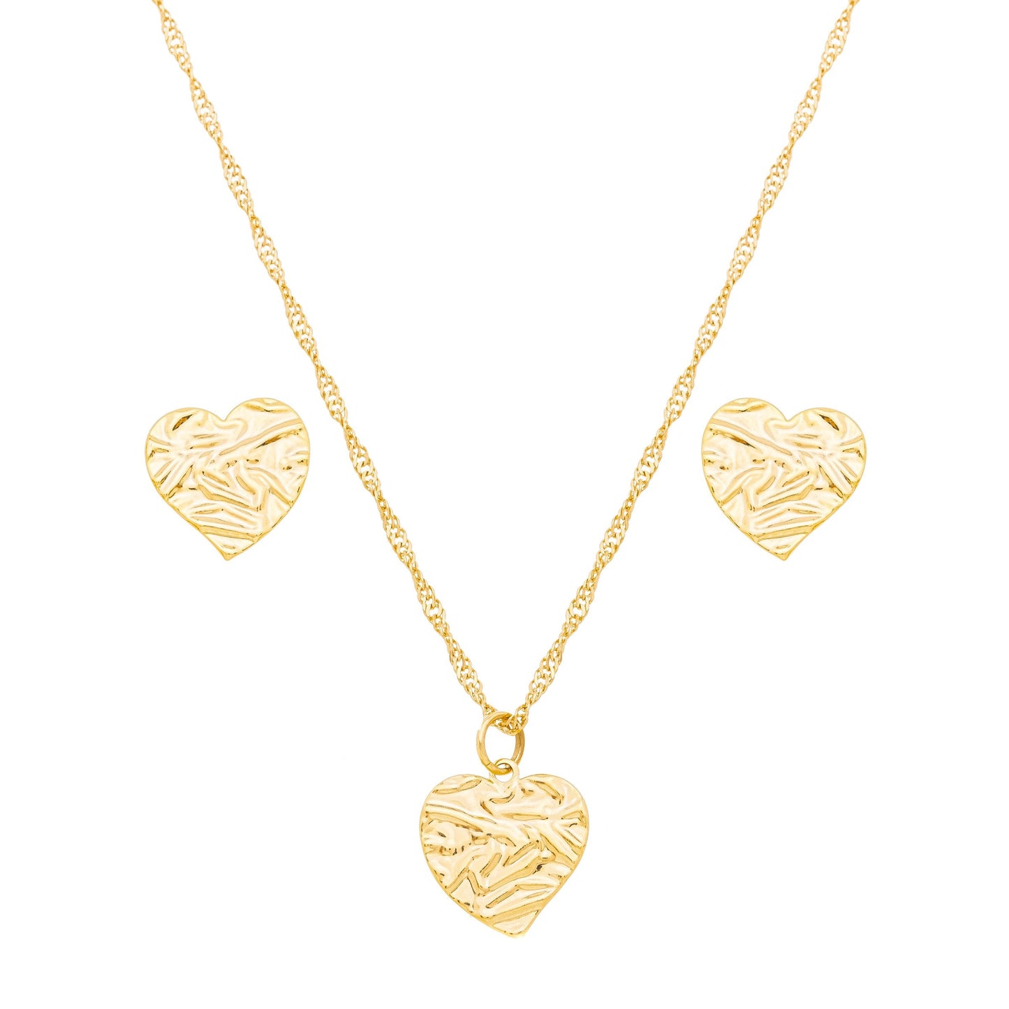 Conjunto de coração com textura banhado a ouro 18k - Biju & Cia.