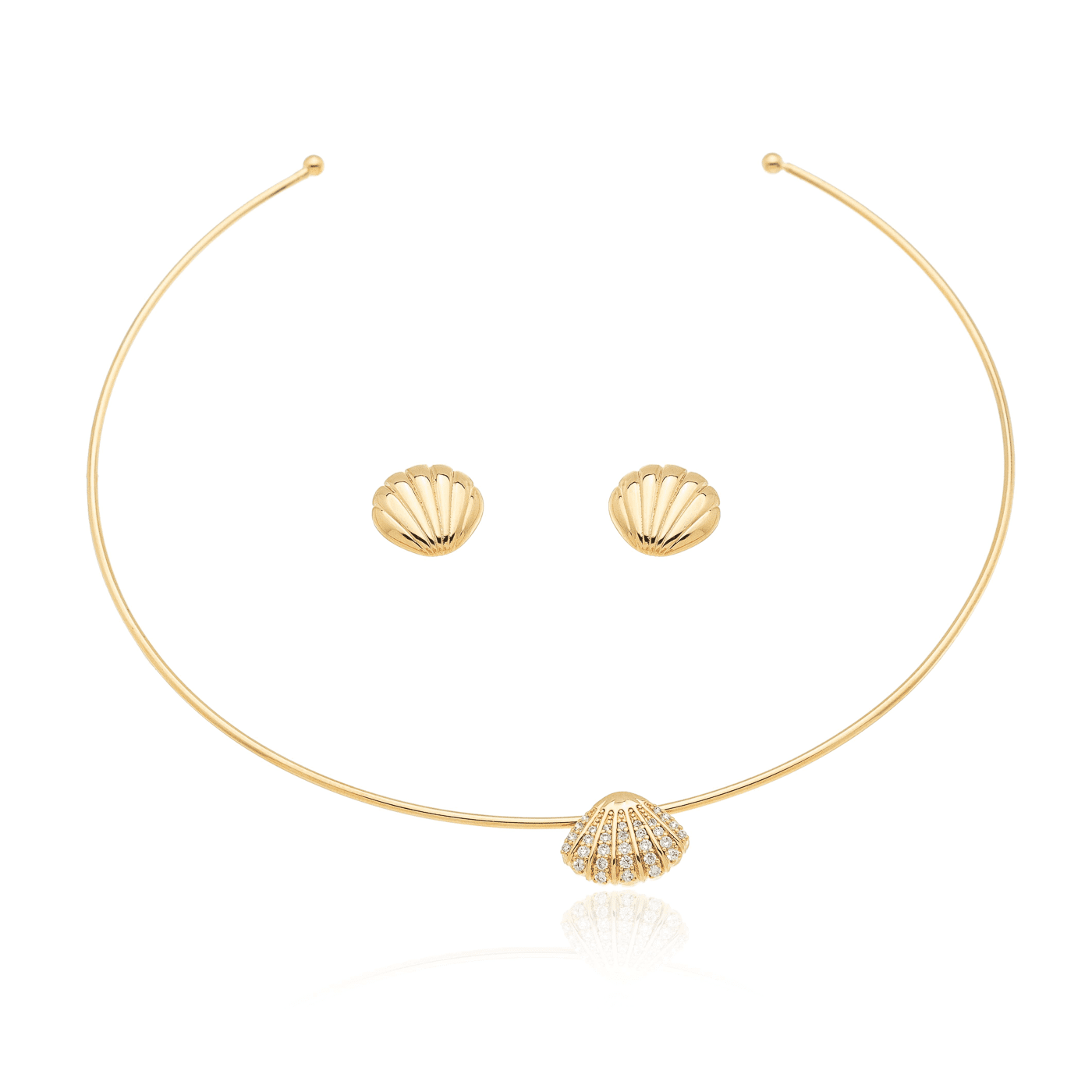 Conjunto de brinco e choker em formato de concha banhado a ouro 18k - Biju & Cia.