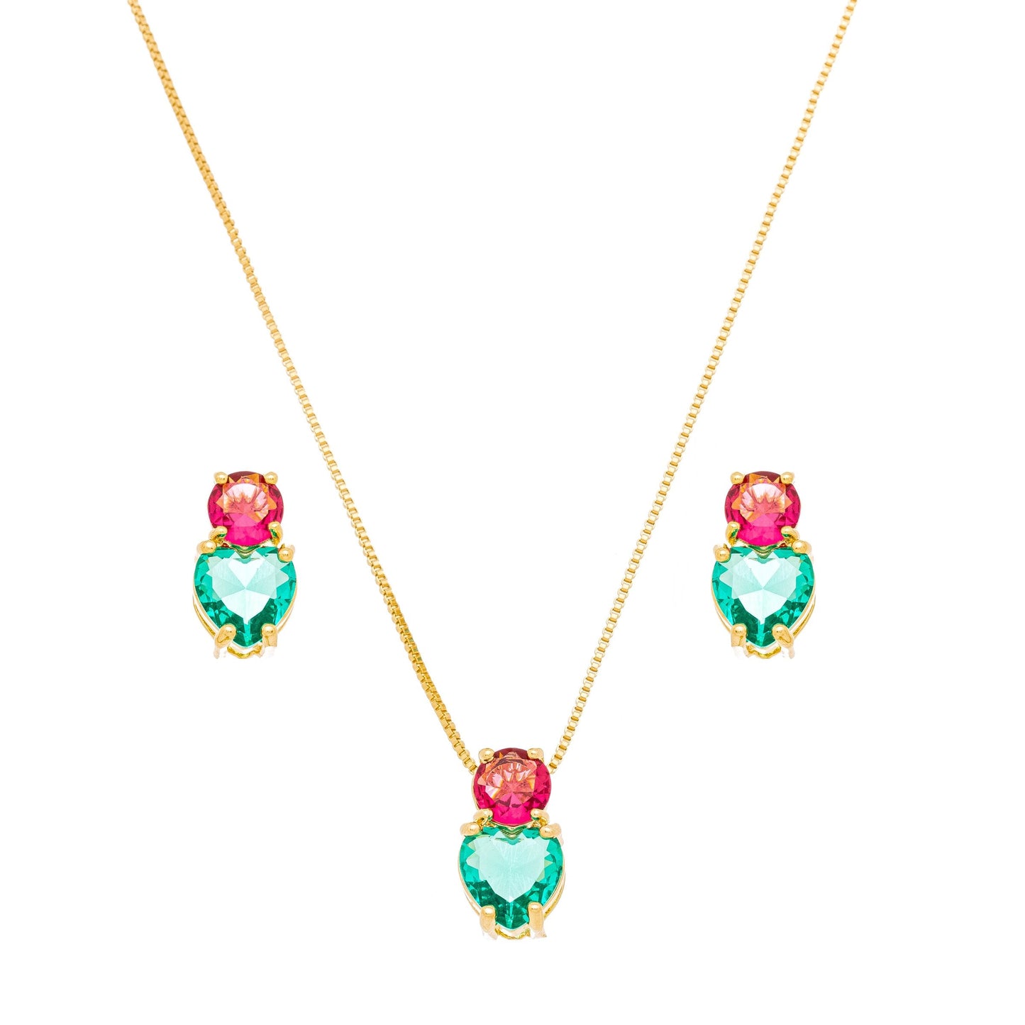 Conjunto de coração com pedras banhado a ouro 18k - Biju & Cia.
