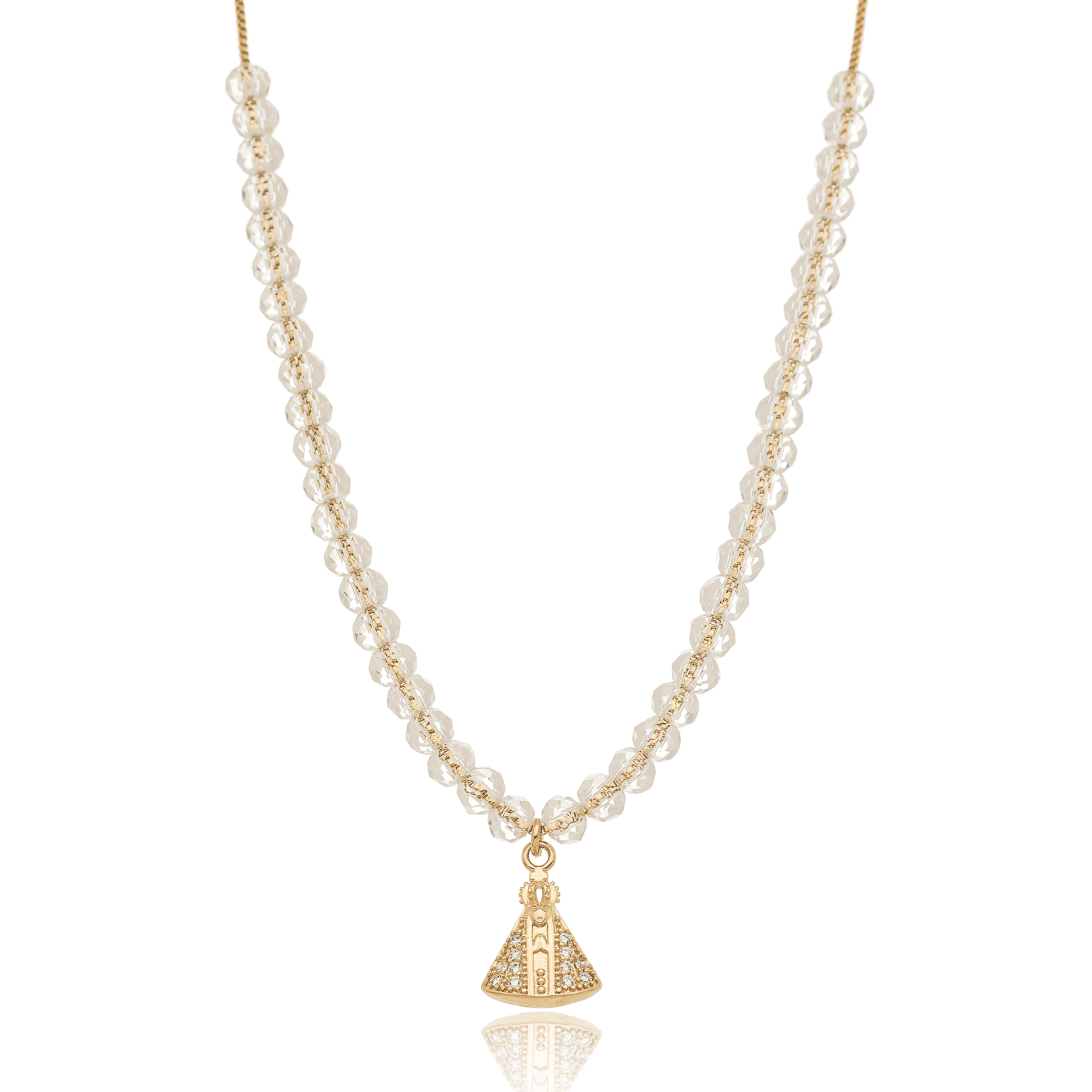 Gargantilha de Nossa Senhora de Aparecida com cristais banhada a ouro 18k - Biju & Cia.