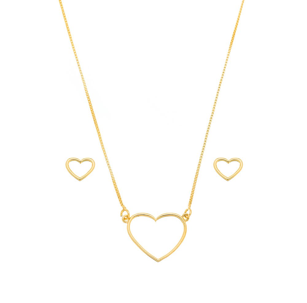 Conjunto coração liso banhado a ouro 18k - Biju & Cia.