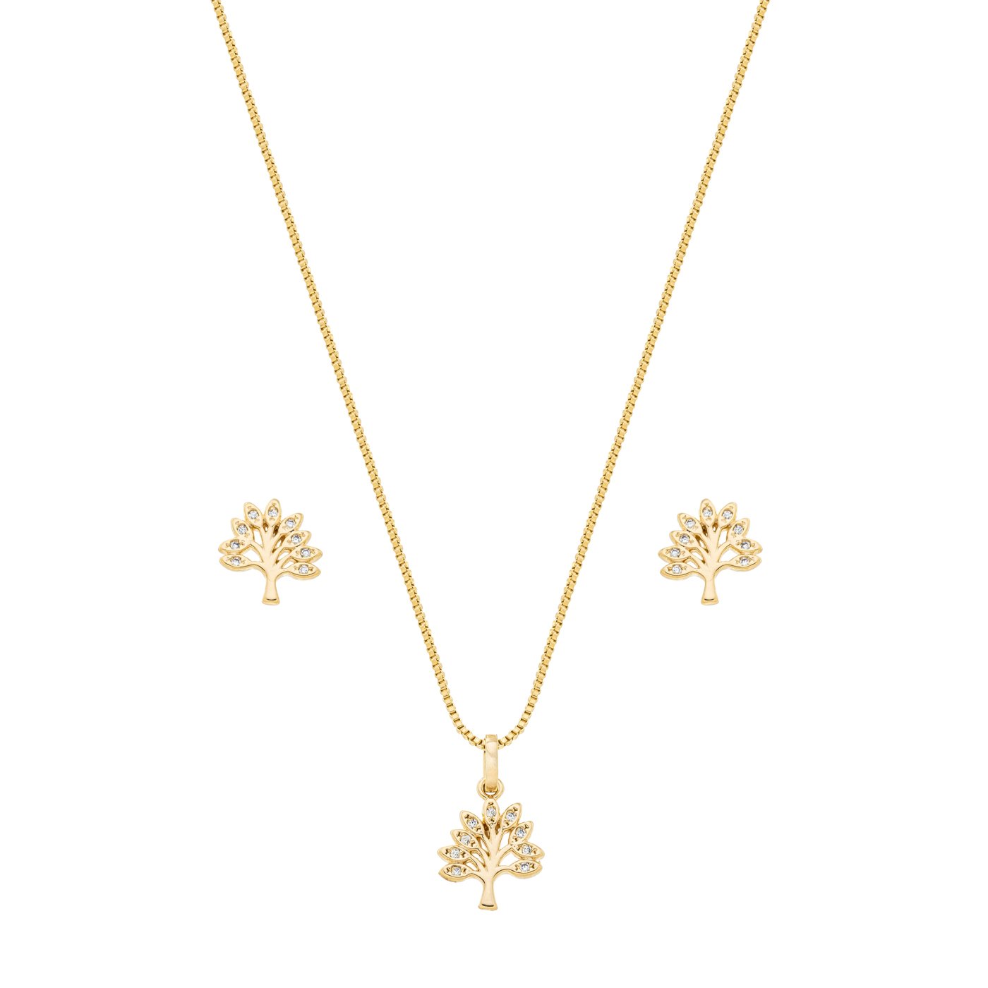 Conjunto árvore da vida com zircônias banhado a ouro 18k