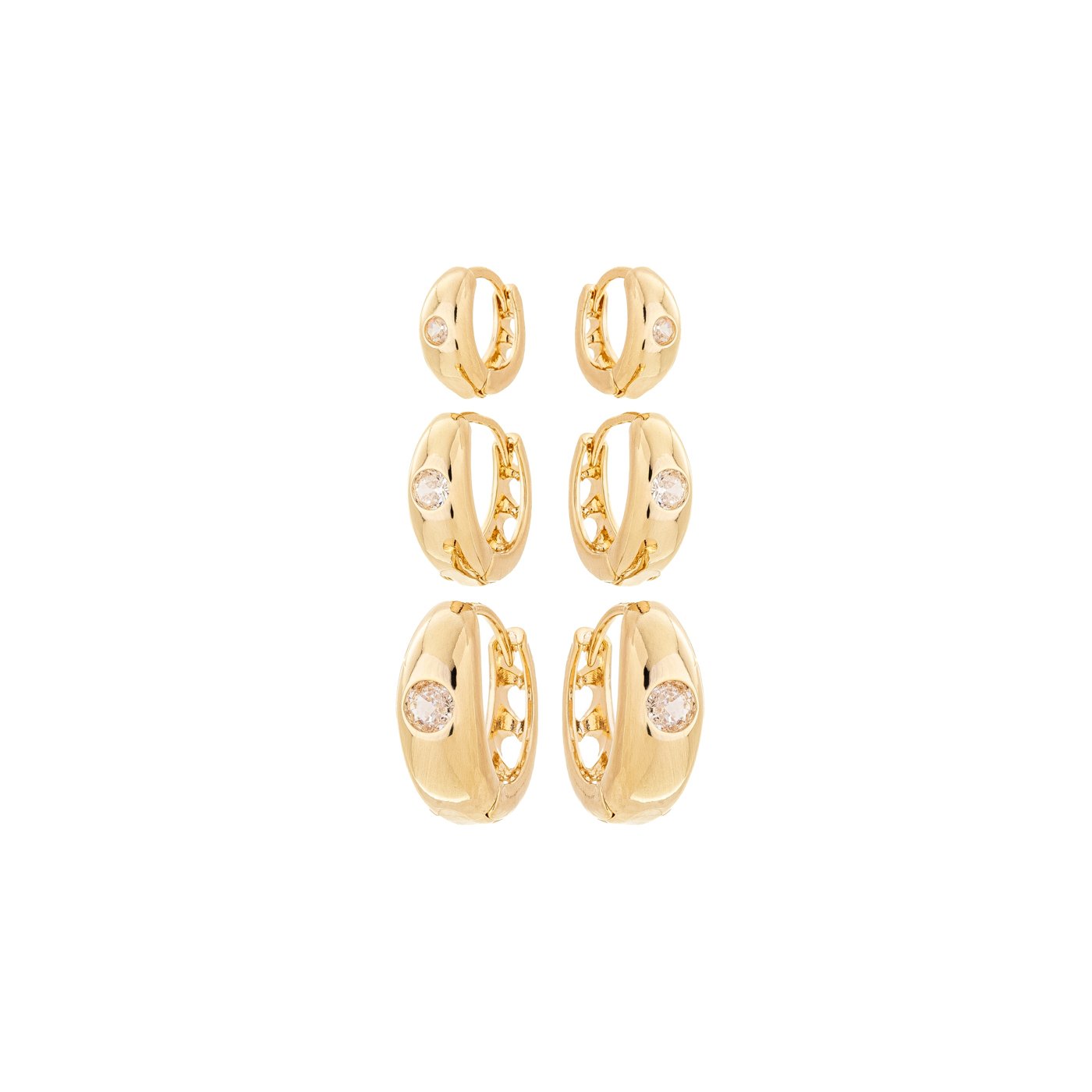 Trio de argolas com zircônias banhado a ouro 18k - Biju & Cia.