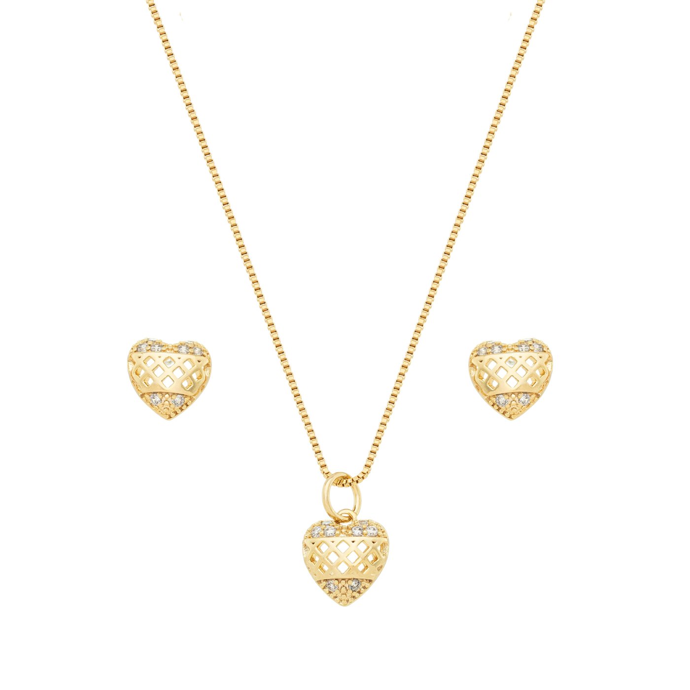 Conjunto coração com zircônias banhada a ouro 18k