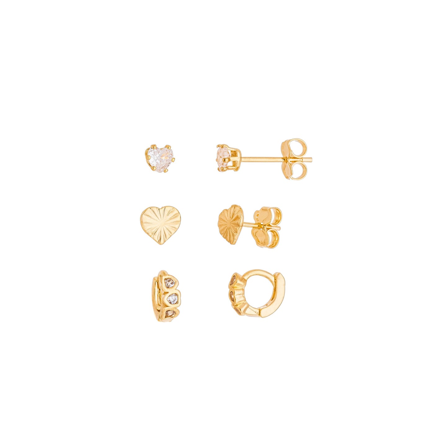 Trio de brincos com corações banhado a ouro 18k