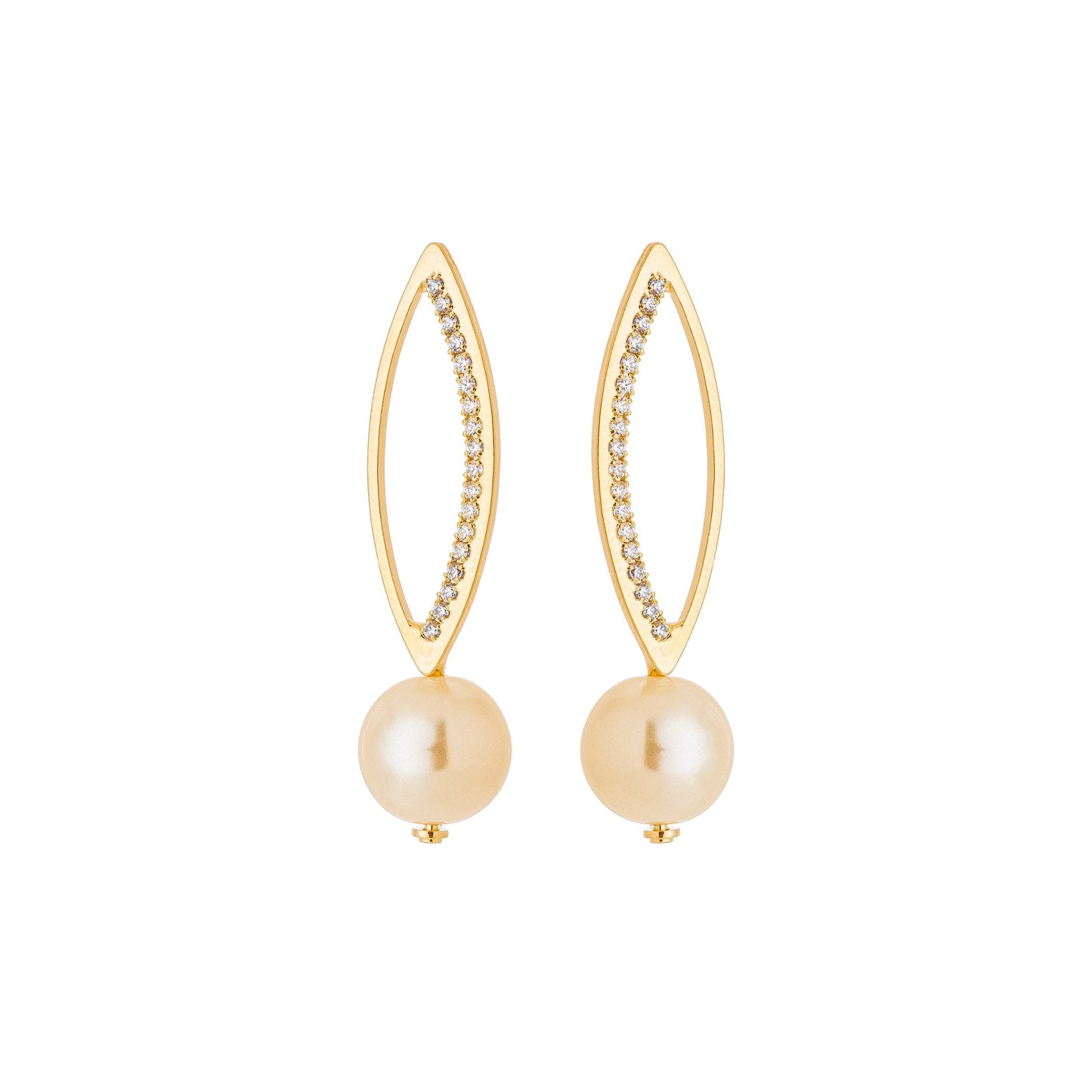 Brinco de navete com zircônia e pérola banhado a ouro 18k - Biju & Cia.