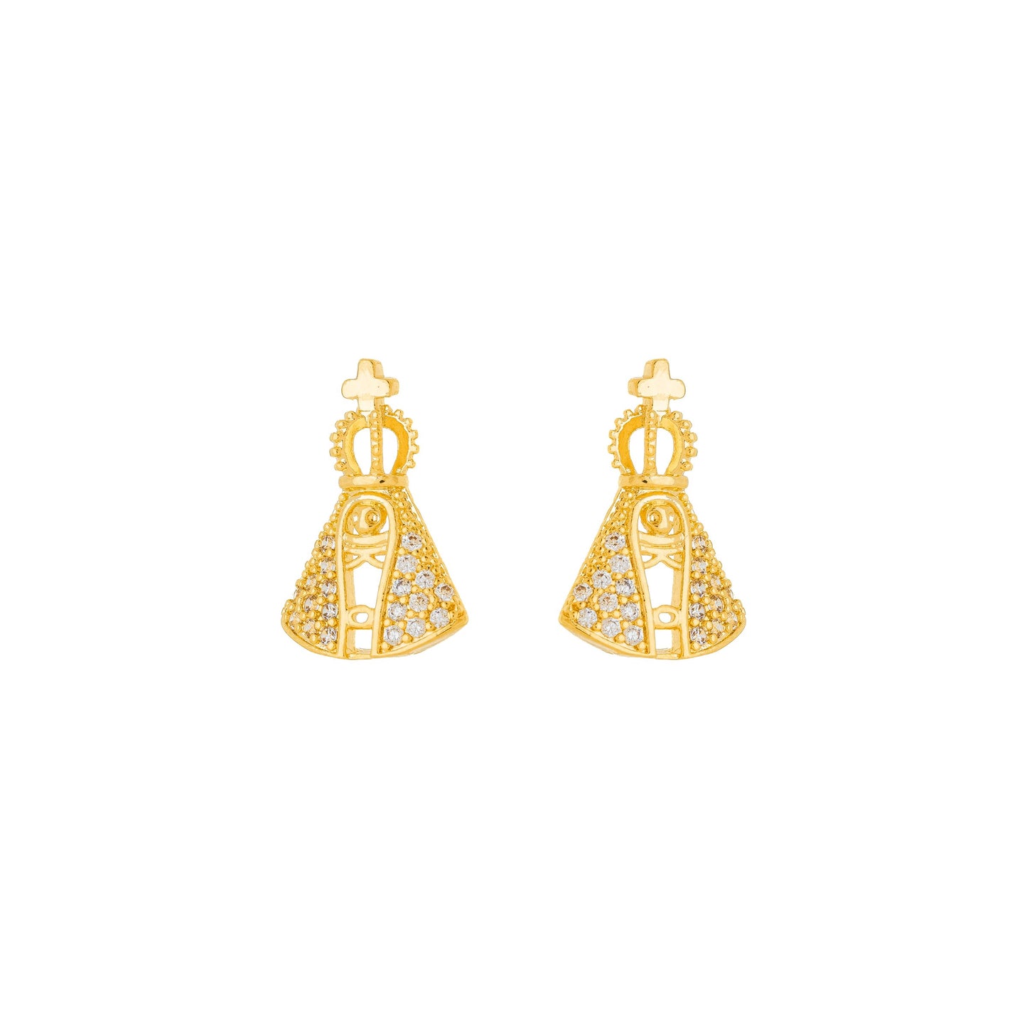 Brinco de Nossa Senhora Aparecida cravejada de zircônia banhado a ouro 18k - Biju & Cia.