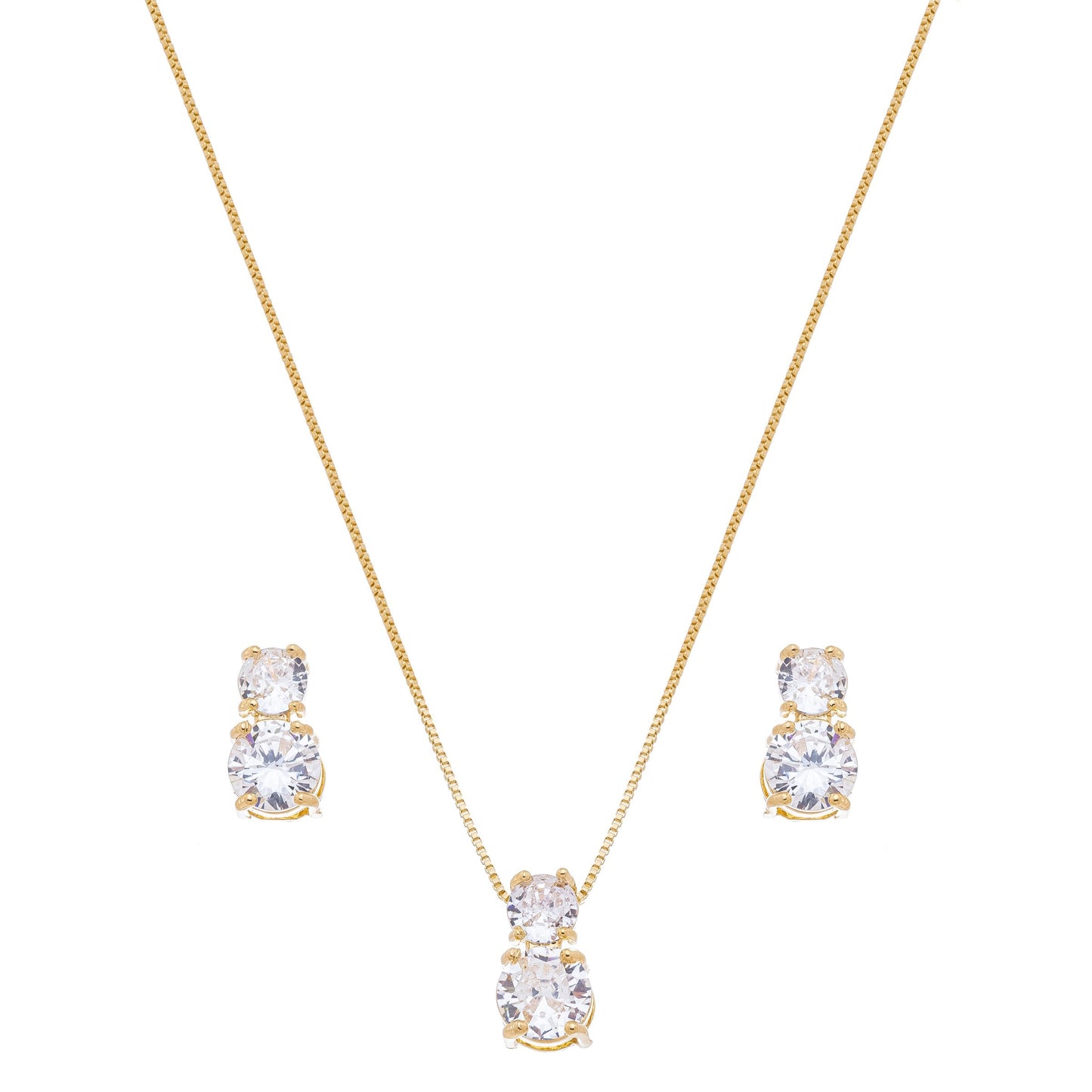 Conjunto com duas pedras redondas de zircônia banhado a ouro 18k - Biju & Cia.