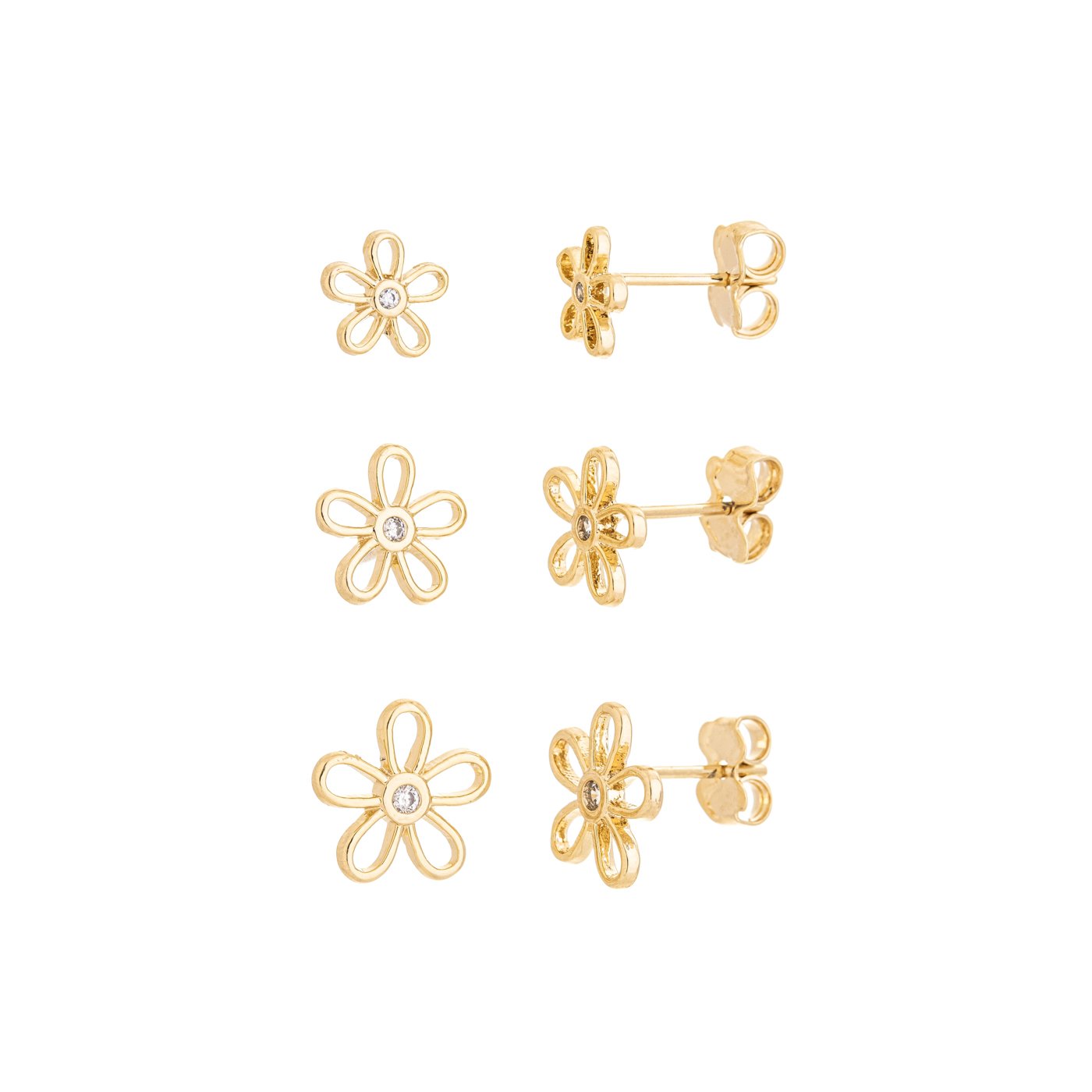Trio de brincos de flor banhado a ouro 18k