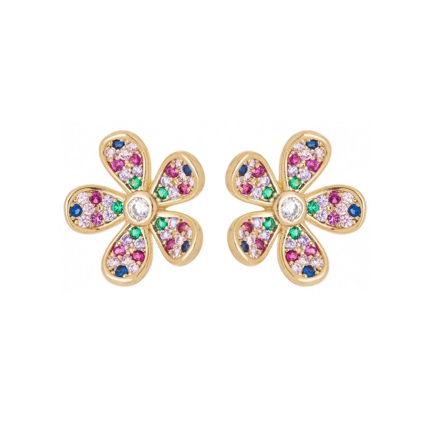 Brinco flor com zircônia coloridas banhado a ouro 18k - Biju & Cia.