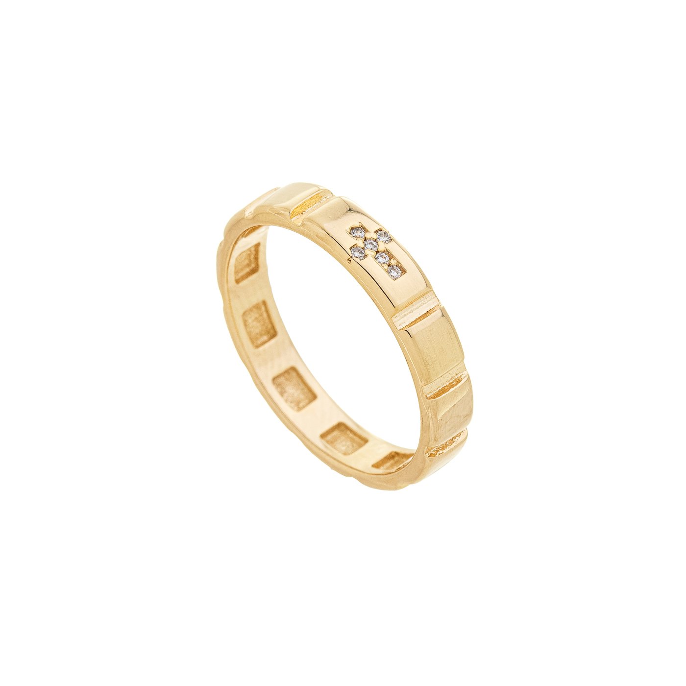 Anel quadriculado com cruz banhado a ouro 18k
