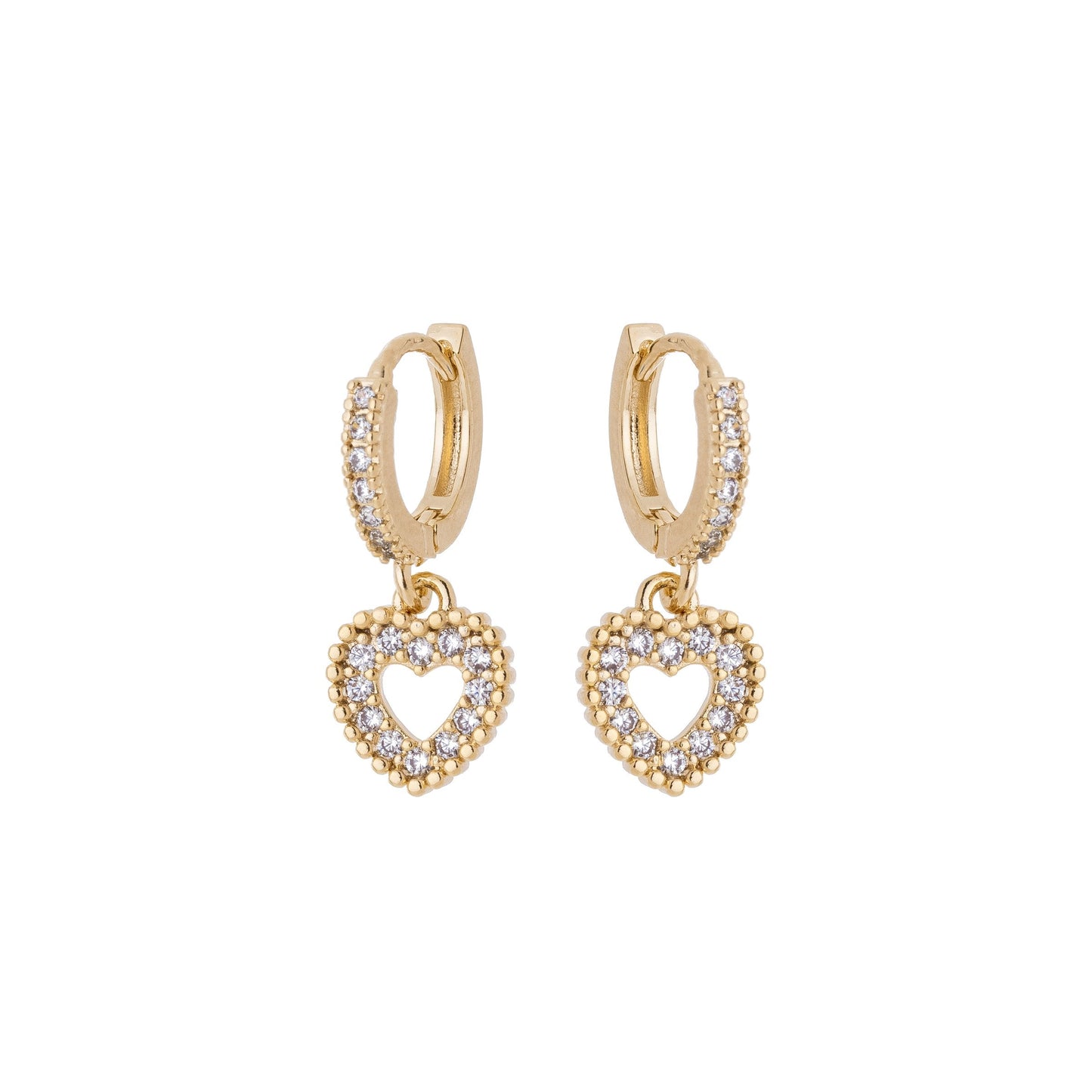 Brinco de argola articulada com coração cravejado com zircônia banhado a ouro 18k - Biju & Cia.