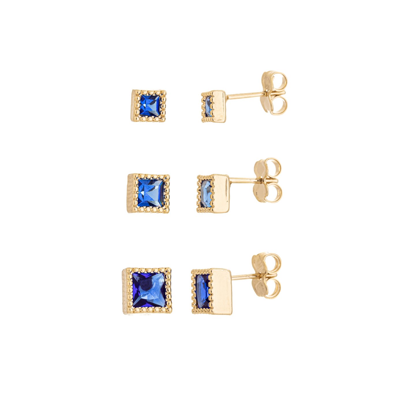 Trio de brincos quadrados banhado a ouro 18k