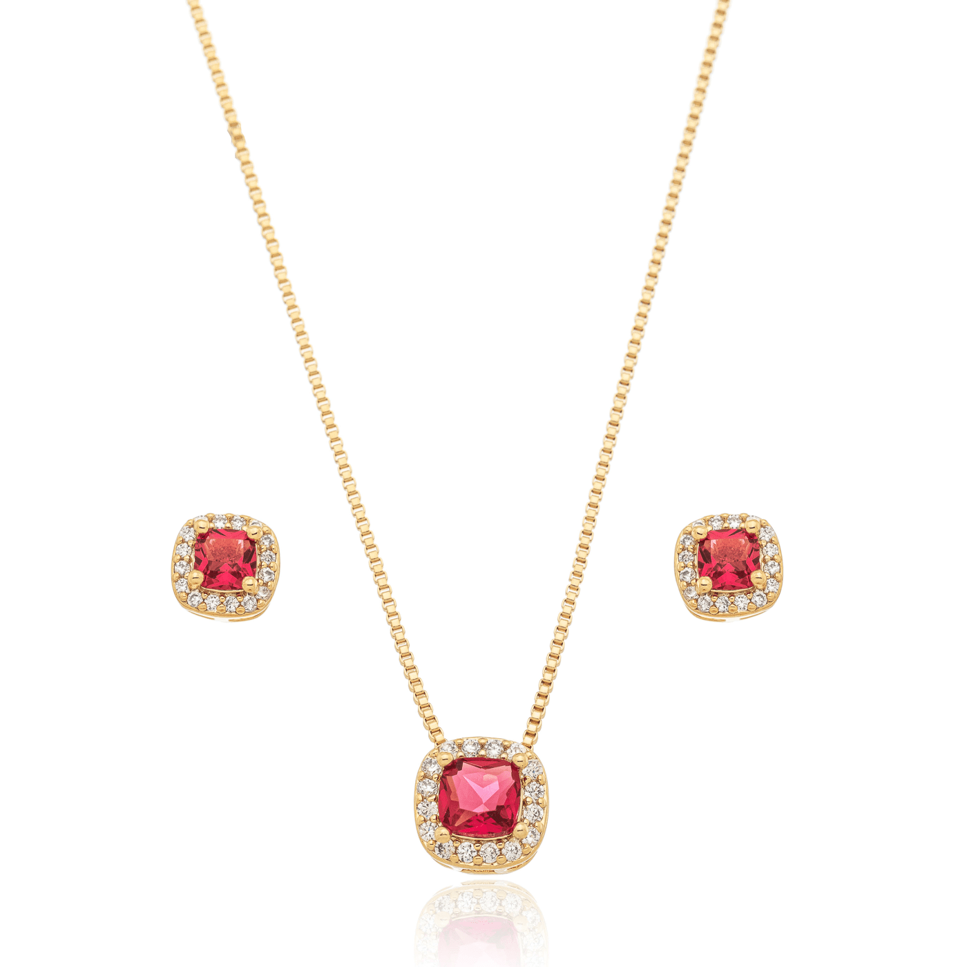 Conjunto de brinco e gargantilha com pedra quadrada e zircônias banhado a ouro 18k - Biju & Cia.