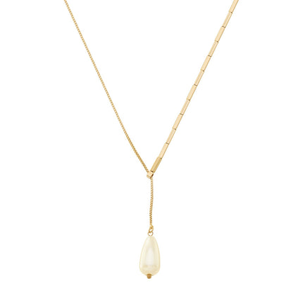 Colar gravata com canutilhos e pérola gota banhado a ouro 18k