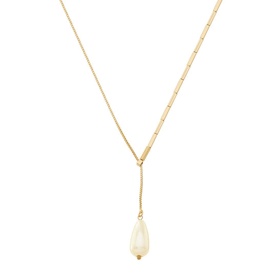 Colar gravata com canutilhos e pérola gota banhado a ouro 18k