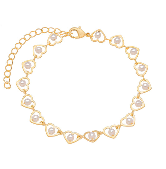 Pulseira de corações com pérolas banhada a ouro 18k - Biju & Cia.