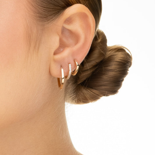 Trio de argolinhas losango lisa e com zircônias banhado a ouro 18k