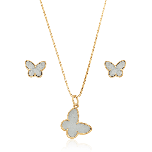 Conjunto de brinco e gargantilha de borboleta com acrílico banhado a ouro 18k