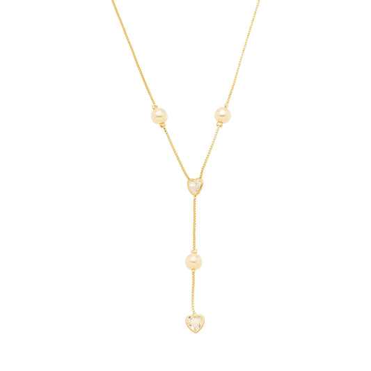 Gargantilha gravata de pérolas e coração de zircônia banhada a ouro 18k - Biju & Cia.