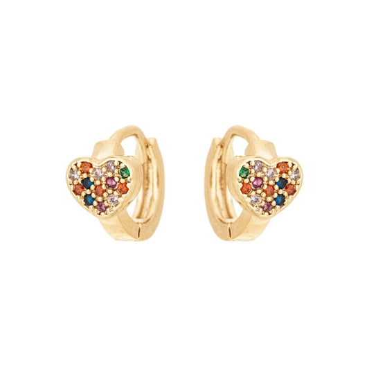 Argola articulada com coração de zircônias coloridas banhada a ouro 18k
