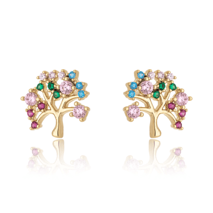 Brinco de árvore da vida com zircônias coloridas banhado a ouro 18k - Biju & Cia.