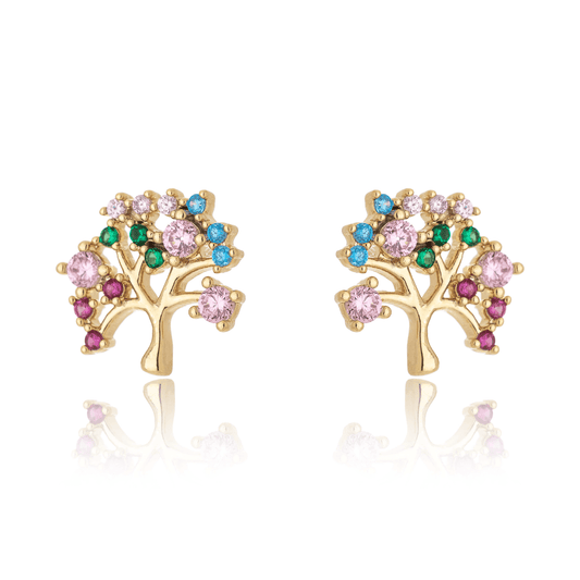 Brinco de árvore da vida com zircônias coloridas banhado a ouro 18k - Biju & Cia.