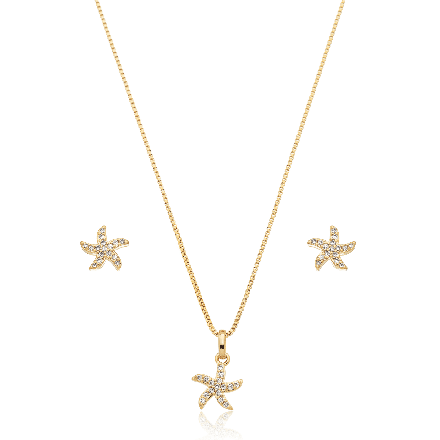 Conjunto de brinco e gargantilha de estrela do mar com zircônias banhado a ouro 18k - Biju & Cia.