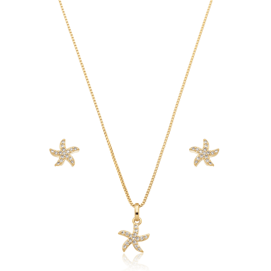 Conjunto de brinco e gargantilha de estrela do mar com zircônias banhado a ouro 18k - Biju & Cia.