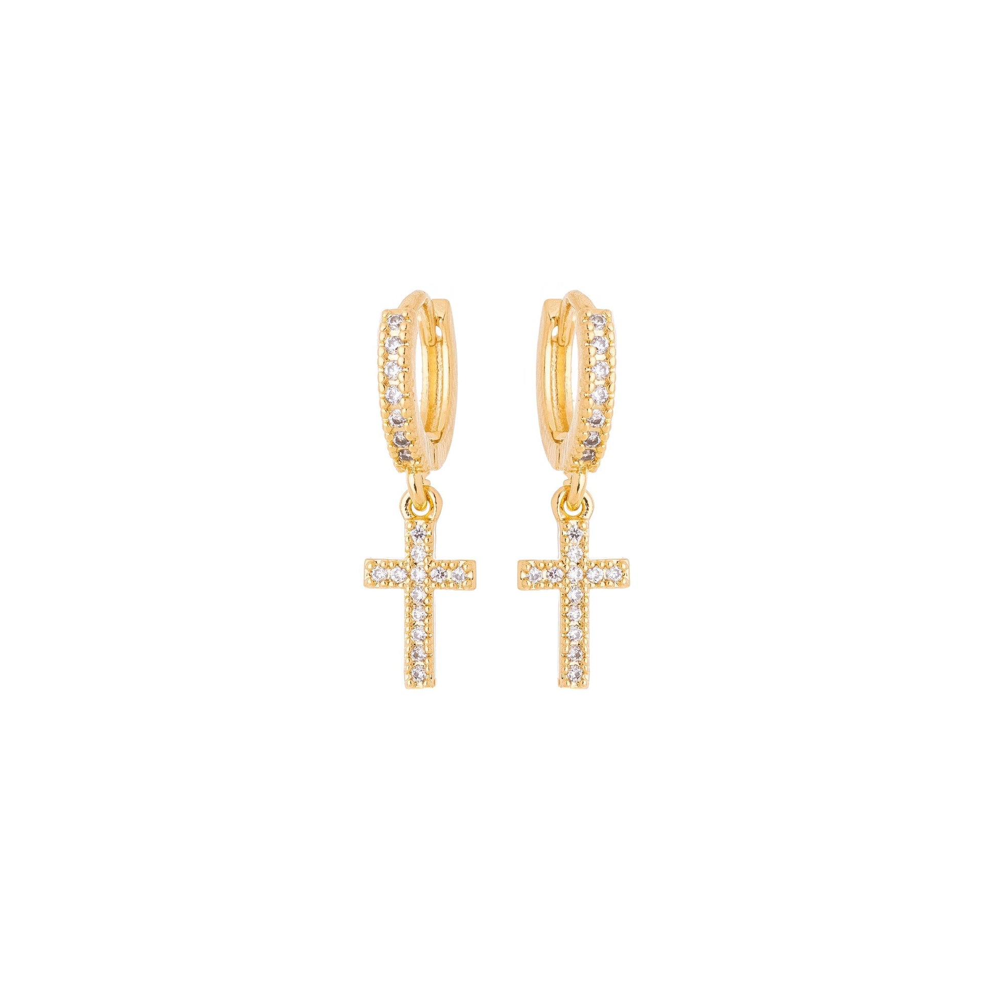 Argola com cruz e zircônias banhada a ouro 18k - Biju & Cia.