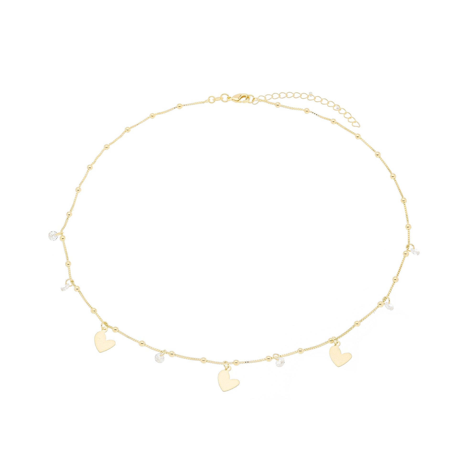 Choker de corações, bolinhas e zircônias banhada a ouro 18k - Biju & Cia.