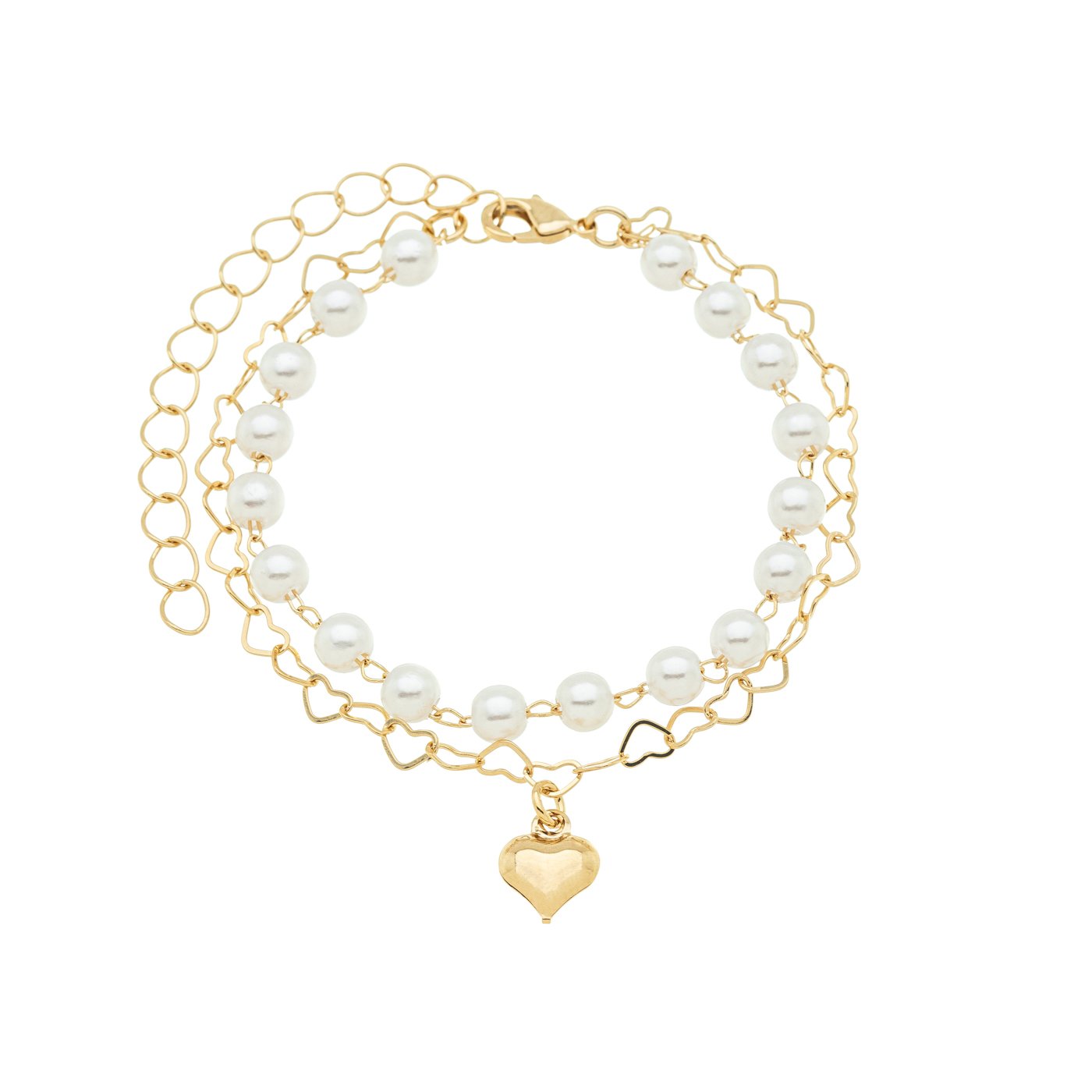 Pulseira dupla com pérolas e corações banhada a ouro 18k - Biju & Cia.