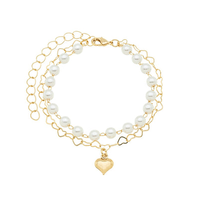 Pulseira dupla com pérolas e corações banhada a ouro 18k - Biju & Cia.