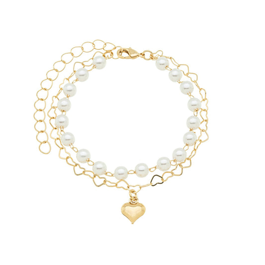 Pulseira dupla com pérolas e corações banhada a ouro 18k - Biju & Cia.