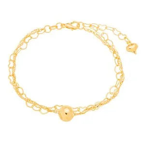 Pulseira dupla corações e bola banhada a ouro 18k