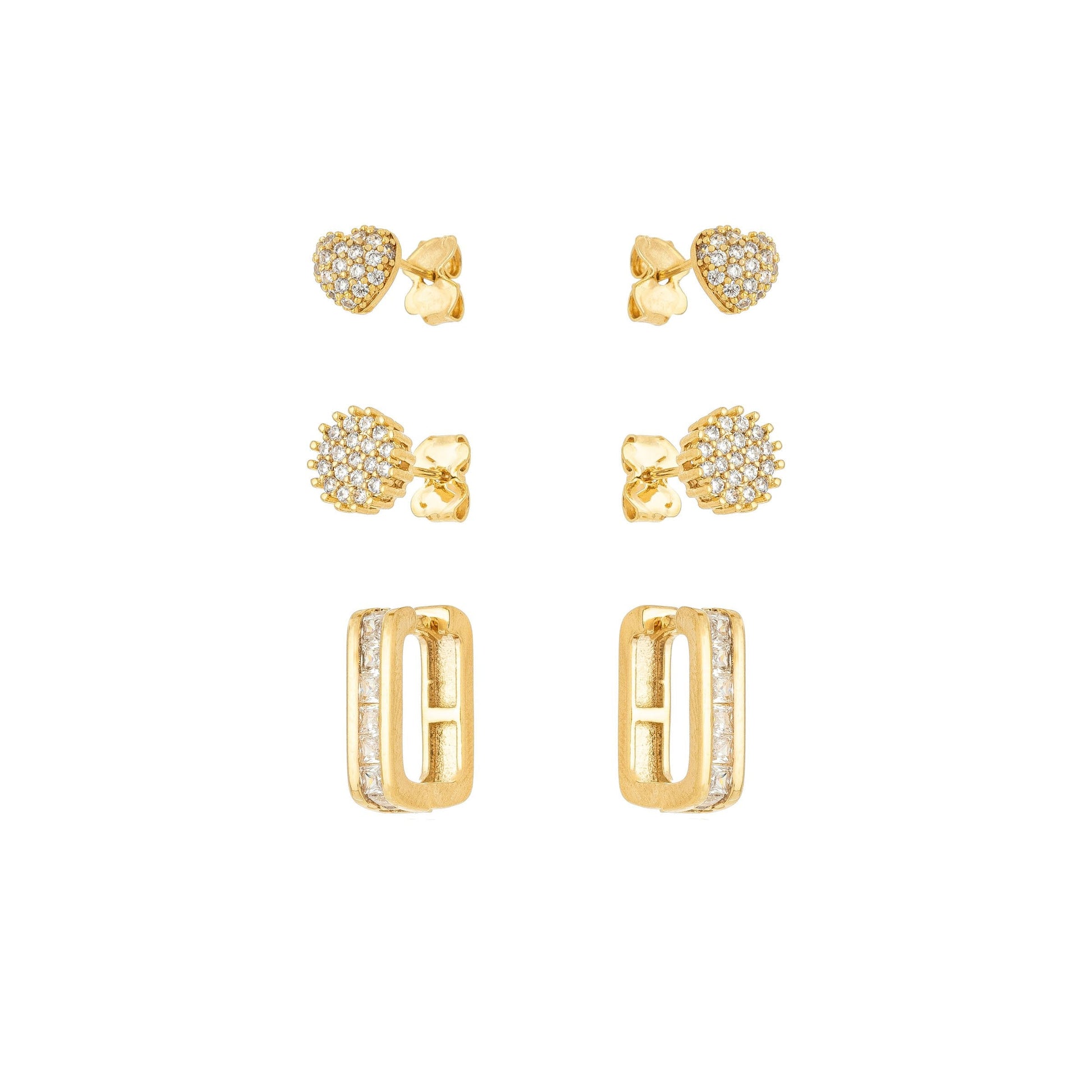 Trio de argola, coração e ponto de luz cravejado banhado a ouro 18k - Biju & Cia.