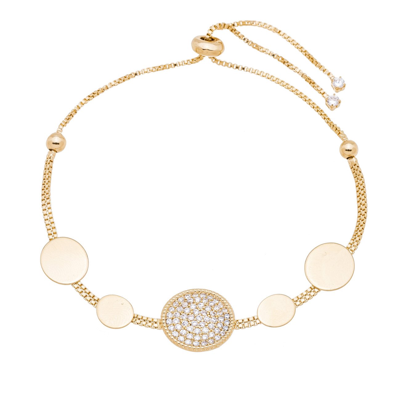 Pulseira regulável com zircônias e medalhas banhada a ouro 18k