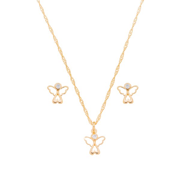 Conjunto anjo com pedra banhado a ouro 18k