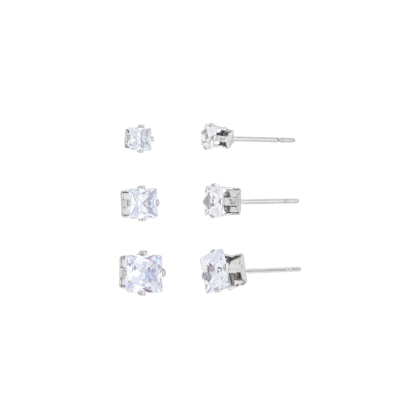 Trio de brincos de zircônias quadradas em aço inox - Biju & Cia.