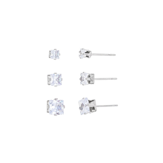 Trio de brincos de zircônias quadradas em aço inox - Biju & Cia.