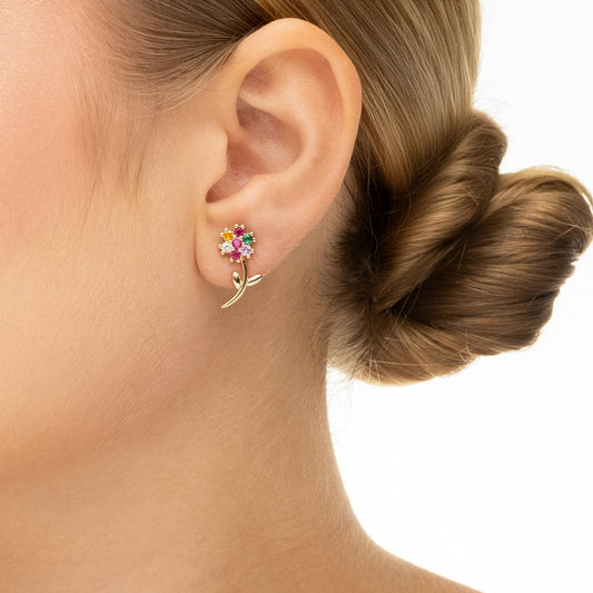 Brinco flor com zircônias coloridas banhado a ouro 18k