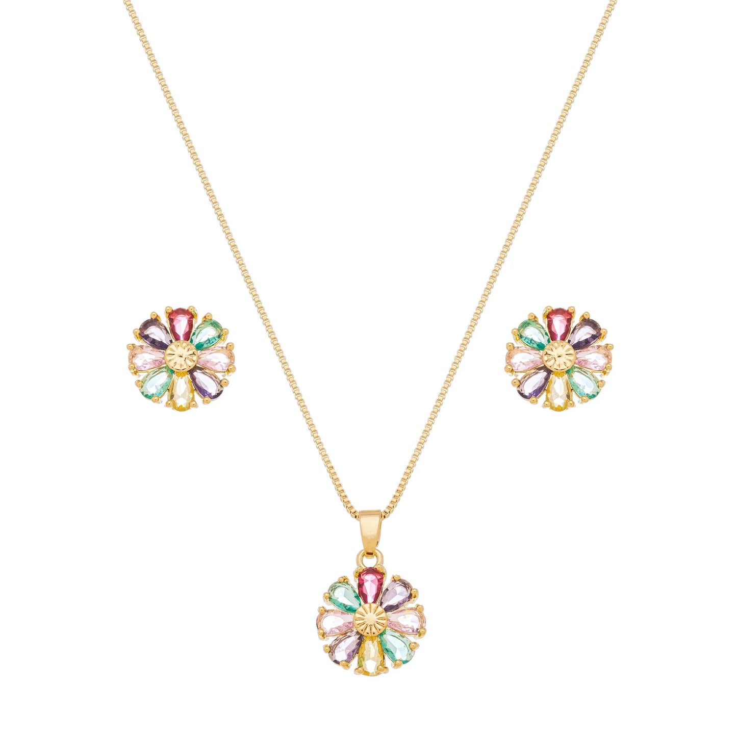 Conjunto de flor com pedras coloridas banhado a ouro 18k - Biju & Cia.