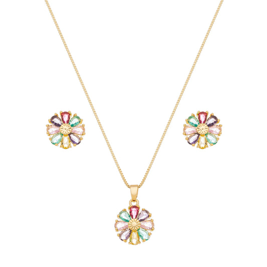 Conjunto de flor com pedras coloridas banhado a ouro 18k - Biju & Cia.